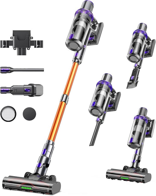 Cordless Vacuum Cleaner, 600W 55KPA 60Mins Vacuum Cleaners for Home,Anti-tangle Wireless Vacumm,Rechargeable Vacuum With Green Light,Powerful Stick Vacuum for Carpet/Hardwood Floors,Pet Hair,Purple