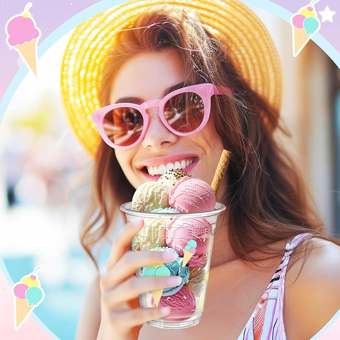 Uiifan 50 Pcs Ice Cream Party Supplies 12 oz Sprinkle Ice Cream Cups Bulk Summer Birthday Party Decorations Disposable Clear Plastic Drinking Cups for Sundae Milkshake Cold Food Soup Candies Summer