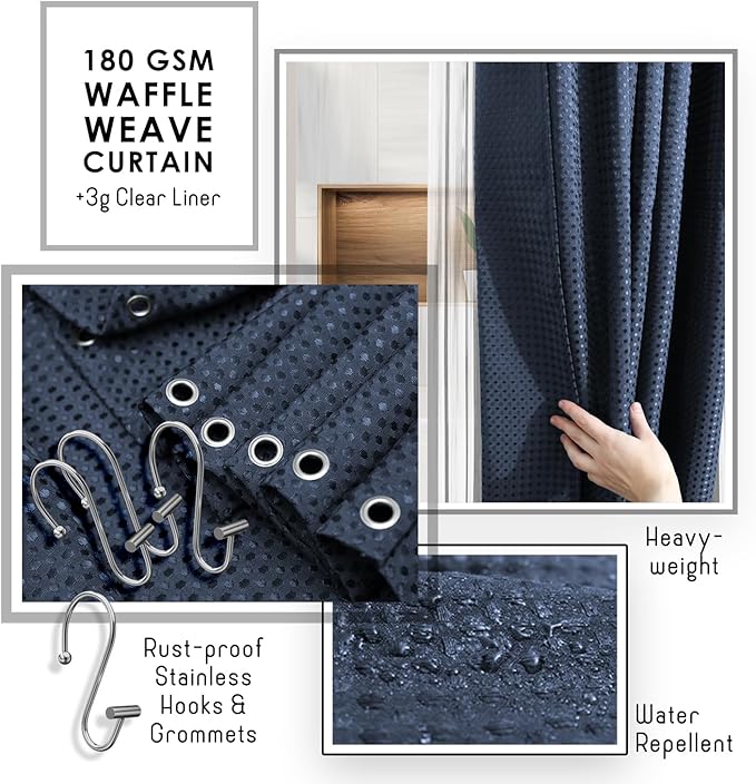 Clara Clark Bathroom Accessories Set - Bathroom Set with Adhesive Corner Shower Caddy Hanging, 25PC Bathroom Accessory Set, Navy Blue Shower Curtain Set, Toilet Brush, Trash Can & Soap Dispenser
