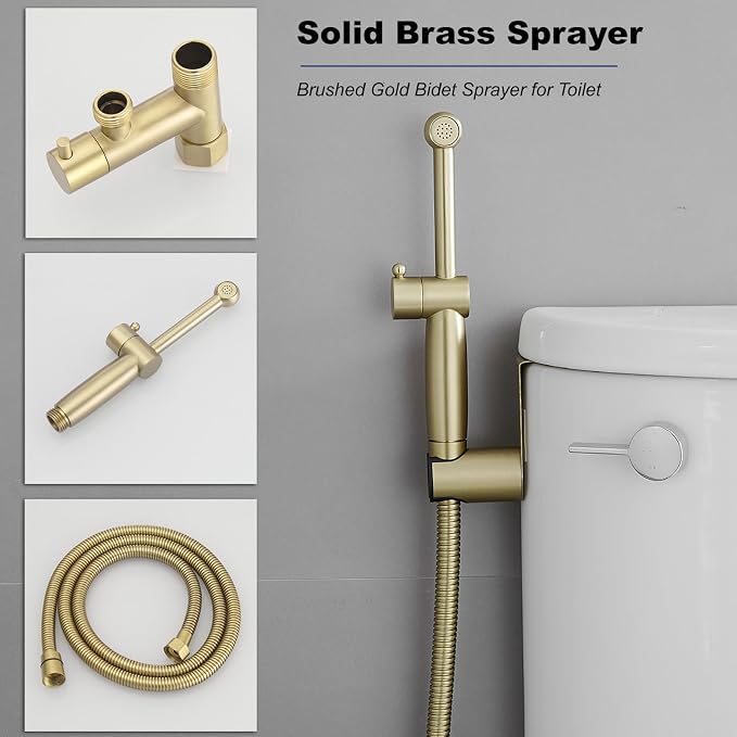 Gold Bidet Sprayer Set, Sprayer Faucet for Toilet with Adjustable Water Pressure, Handheld Bidet Attachment Set, Brushed Gold