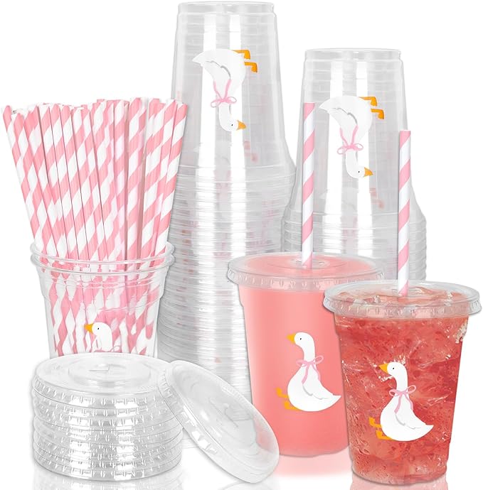 Whaline 50 Pcs One Silly Goose Disposable Plastic Cups with Lids and Straws 12 Oz Cute Pink Bow Goose Cold Beverage Drinking Cups for First Birthday Baby Shower Party Supplies
