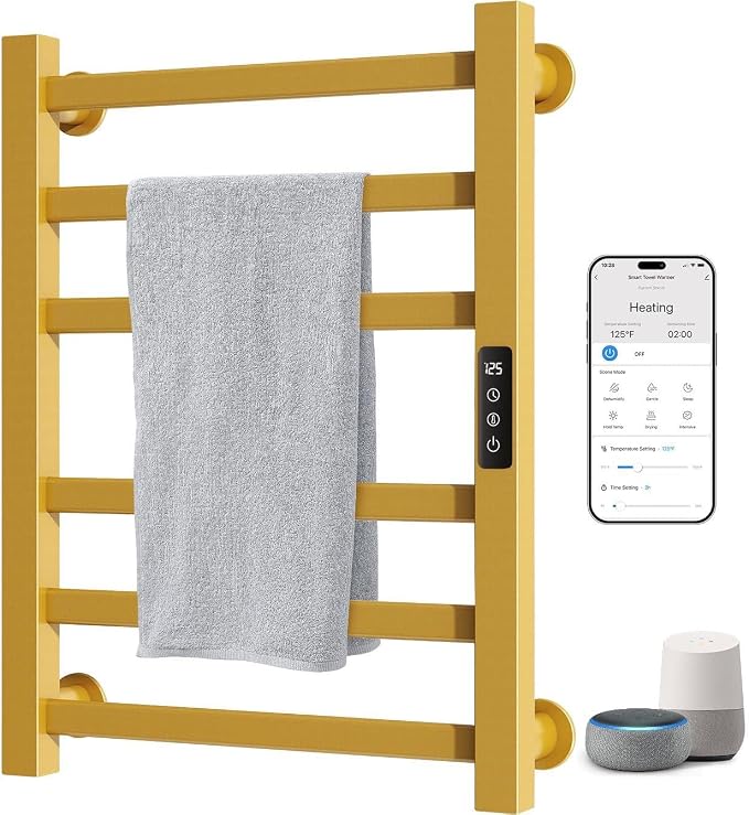 ENZE Smart Heated Towel Rack, 6-Bar Wall-Mounted Electric Towel Warmer 150W, Wi-Fi App Control & LED Touch Screen, Adjustable Temperature & 24H Timer, IPX5, Plug-in/Hardwired, Gold, Low Carbon Steel