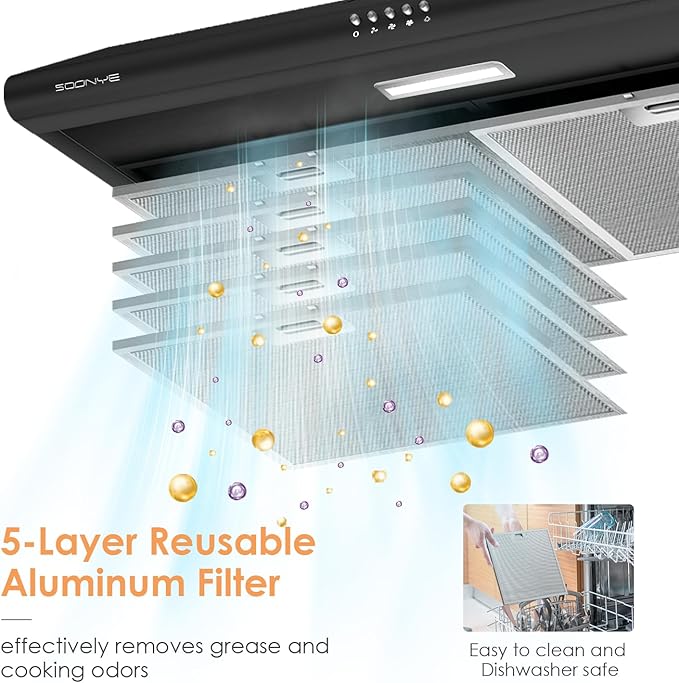 30 inch Black Under Cabinet Range Hood, Stainless Steel Slim Kitchen Vent Hood Ducted/Ductless Convertible with 3 Speed Controls, 5-Layer Aluminum Filters,LED Lights