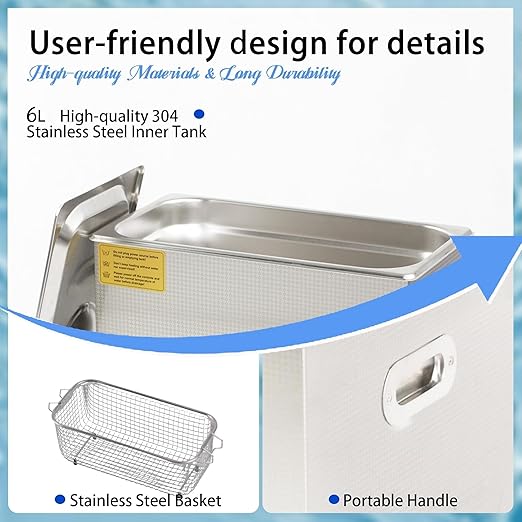 VUA 6L Commercial Ultrasonic Cleaner with Digital Timer & Heater, Professional Ultrasonic Parts Cleaner, Ultra Sonic Cleaning Machine with 300W Heated Cleaner for Glasses Industrial Parts Tools Lab