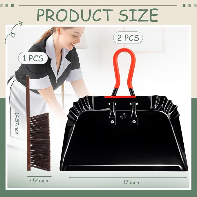 Pasimy 2 Pack 17" Metal Dust Pan and Brush Set, Large Heavy Duty Handheld Industrial Dustpan with Handle Debris Sweeping Tool Metal Edge Flat Against Floor for Outdoor Patio Yard Garage (Black)