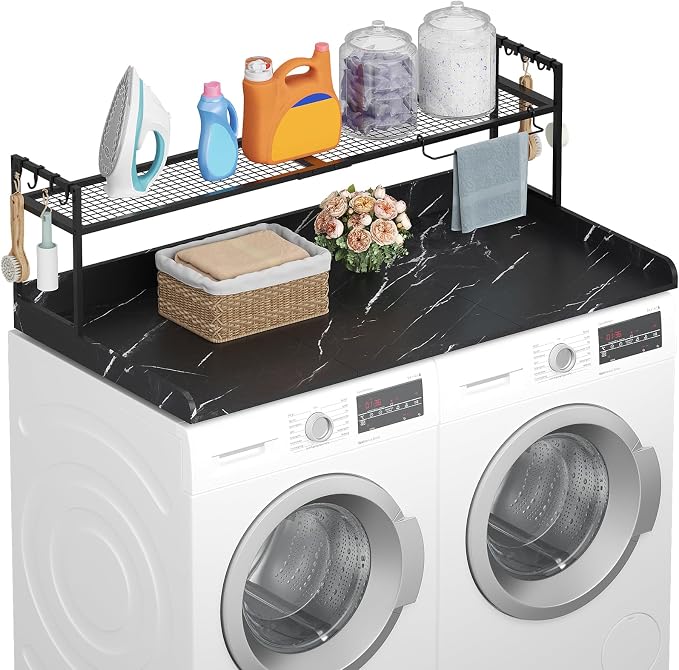 Lifewit Washer Dryer Countertop with Adjustable Shelf, Melamine Cover for The Top with Edge Rails, Towel Rack for Laundry Room Storage and Organization, Hold 200lbs, Black Marble, 54" x 27.5"