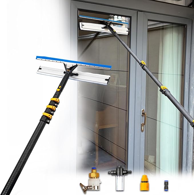 HIBLE 18 Feet High Reach Window Squeegee Carbon Fiber Pole for Window Washing, Cleaning Tool kit with Telescopic Pole, Brush, Soap Dispenser, Water Hose, Faucet Quick Connector