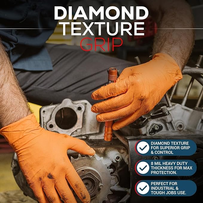 First Glove 8 Mil Heavy Duty Nitrile Gloves - Diamond Grip - Disposable Gloves for Mechanic, Automotive & Industrial Work