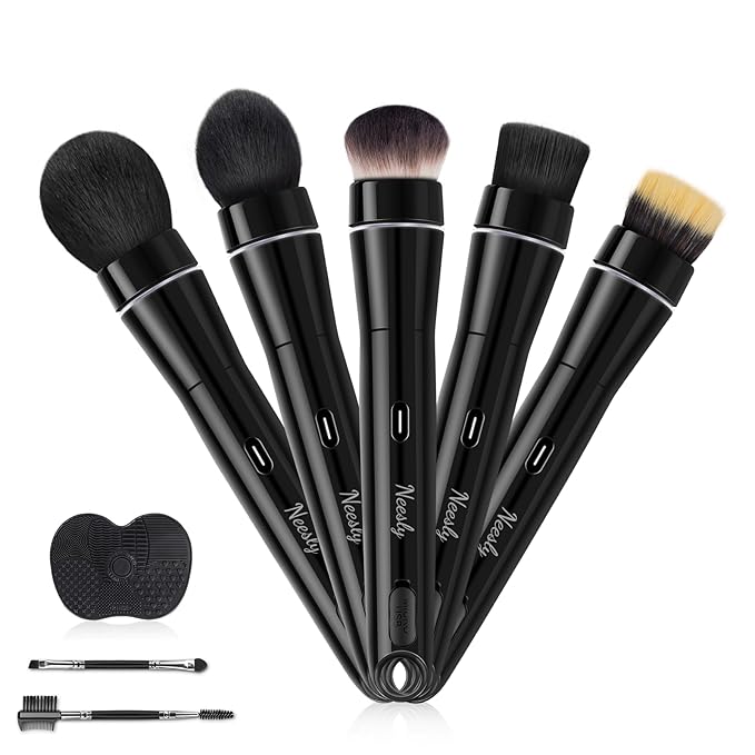 360° Rechargeable Rotating Makeup Brush Set, 5 Vegan Brush Heads, Electric Blending Face Brushes For Foundation, Blush, Powder, Bronzer, Contour, Highlight & Airbrush Finish, Flat Kabuki Brush