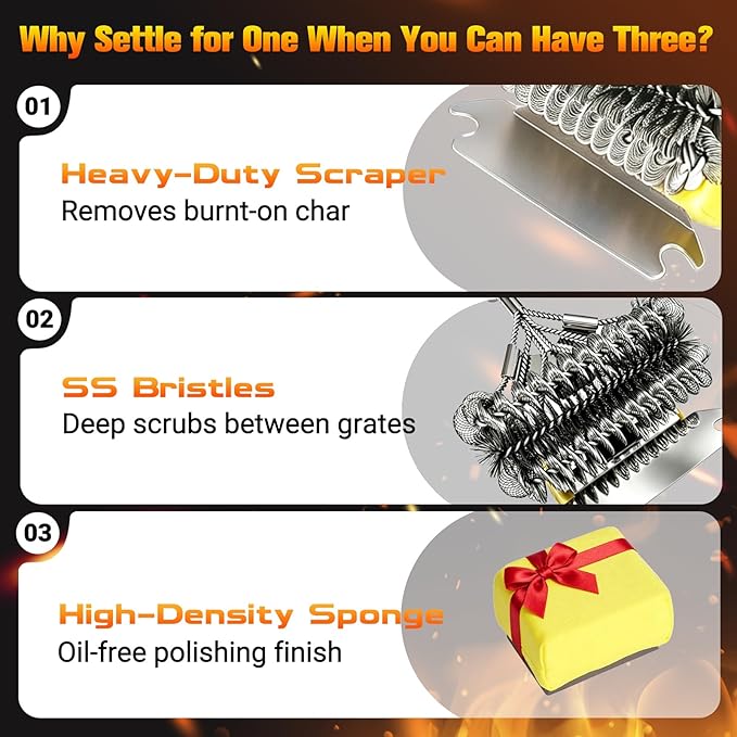 Professional 3-in-1 Grill Brush and Scraper with Safety Second Sweep Sponges - 18" Detachable Long Handle BBQ Cleaner for Heavy Duty Grime - Ideal Father's Day Grilling Gift for Men (Black)