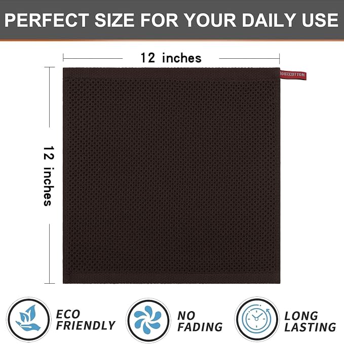 Kitinjoy 100% Cotton Kitchen Dish Cloths (12 X 12 Inches, Dark Brown), 6 Pack Waffle Weave Ultra Soft Absorbent Dish Towels for Drying Dishes Quick Drying Kitchen Towels Dish Rags