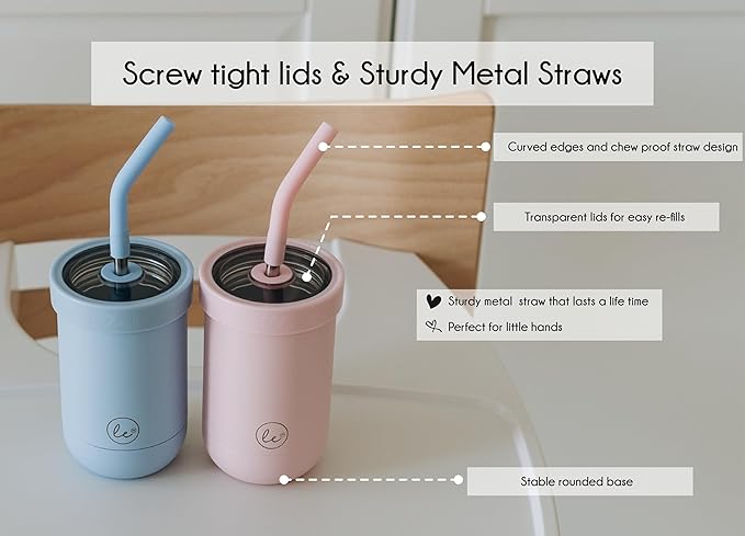 Double walled insulated Kids & toddler smoothie cups with screw tight lids and straws | Best Toddler sippy cup for 3 year old spill proof - Set of 2 cups for kids