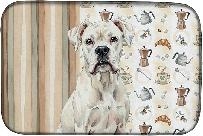 Caroline's Treasures White Boxer Coffee Bar Dish Drying Mat Absorbent Dish Drying Mat Pad for Kitchen Counter Dish Drainer Mat for Countertop, 14 x 21", Multicolor