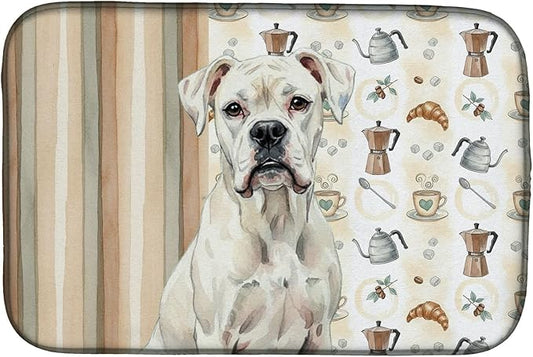 Caroline's Treasures White Boxer Coffee Bar Dish Drying Mat Absorbent Dish Drying Mat Pad for Kitchen Counter Dish Drainer Mat for Countertop, 14 x 21", Multicolor