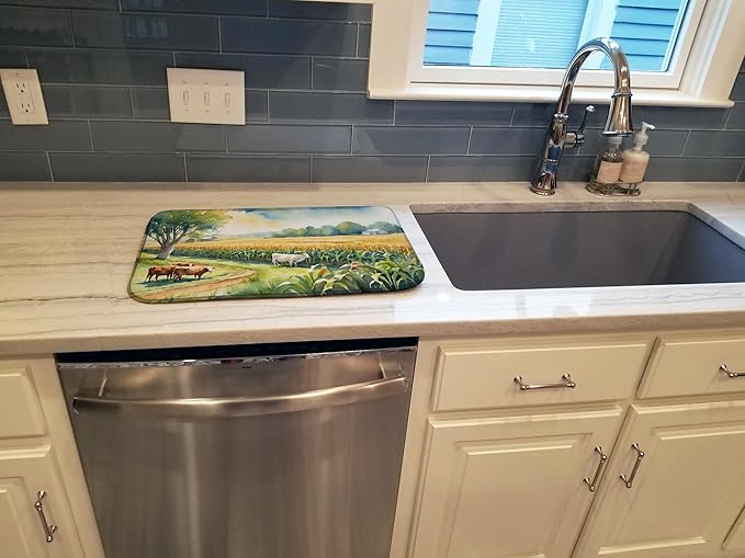 Caroline's Treasures Cows by the Cornfield Dish Drying Mat Absorbent Dish Drying Mat Pad for Kitchen Counter Dish Drainer Mat for Countertop, 14 x 21", Multicolor