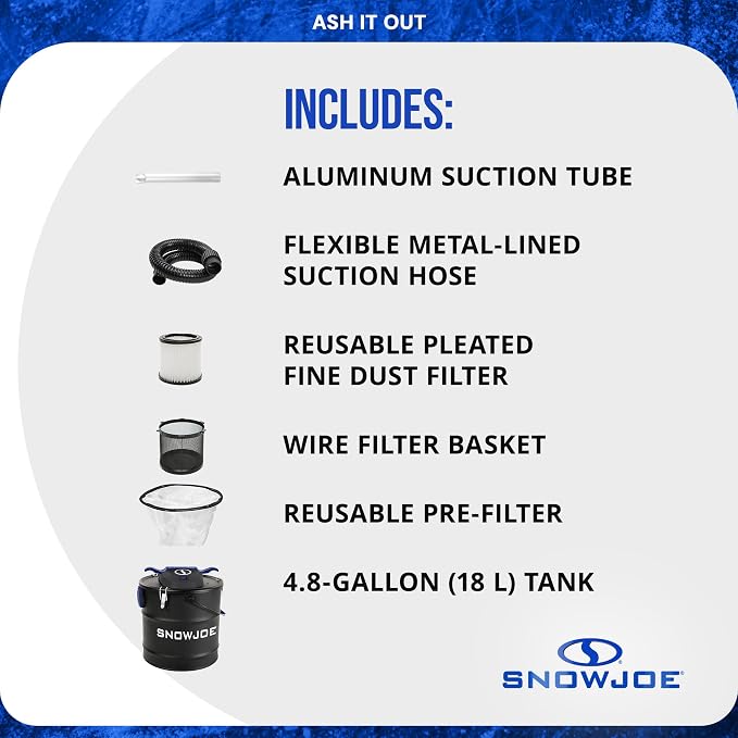 Snow Joe Bagless Ash Vacuum Cleaner Machine, Metal Canister with Hose and Filter, 4.8 Gallon, 5-Amp Motor - Vacuuming and Cleaning Equipment for Home, Garage and Outdoor Spaces, ASHJ202E