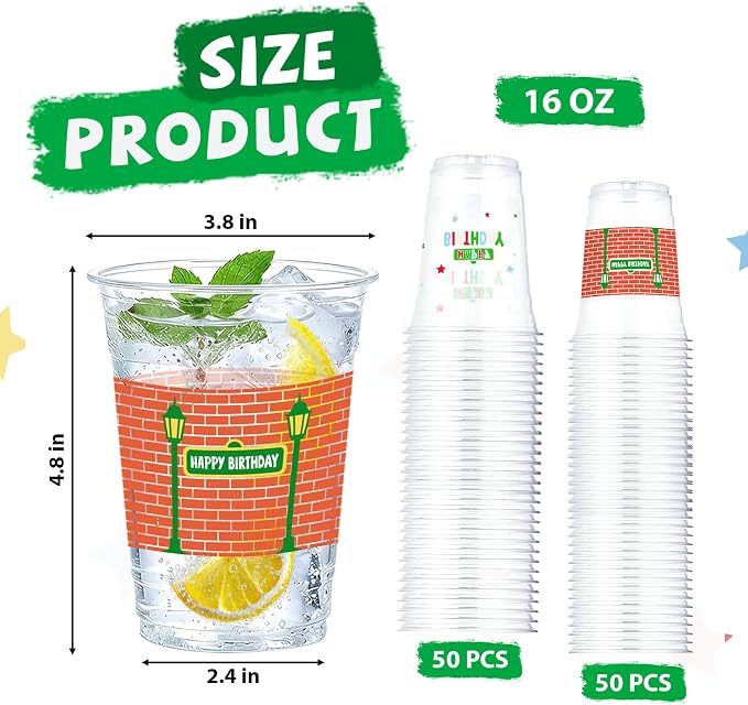 50Pcs 16oz Red Brick Wall Street Birthday Plastic Cups Red Brick Disposable Cups Retro Street Theme Plastic Tumblers for Boys Girls Birthday Baby Shower Party Supplies Beverage Drinking