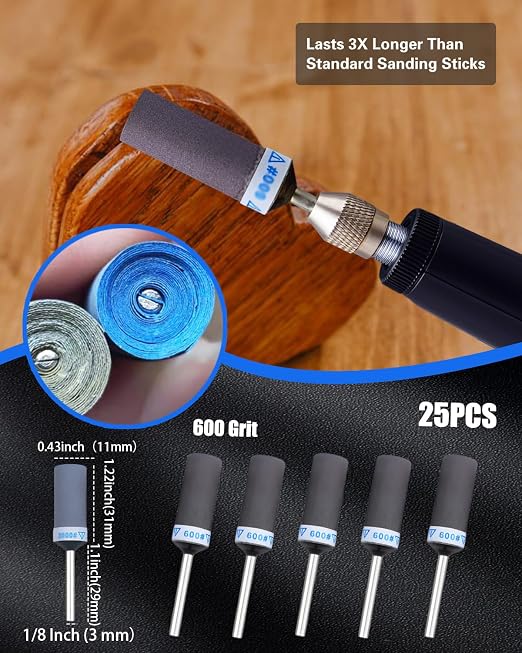 600 Grit Sanding Drums for Dremel Rotary Tools Accessories, 25PCS Sanding Bits Kit for Dremel Sanding Bands with 1/8 inch Shank, Sandpaper Sticks Set for Plastic Wood Metal Grinding Polishing