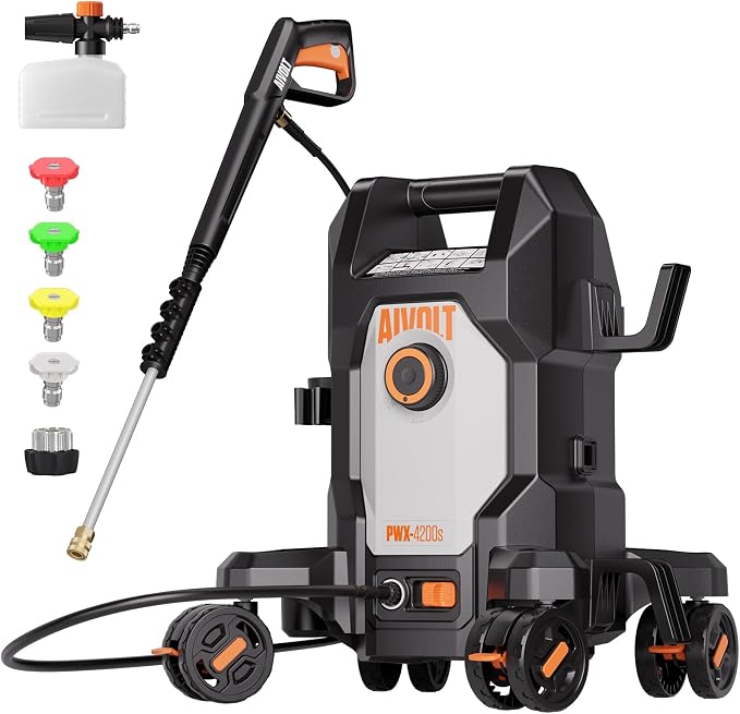 AIVOLT Electric Pressure Washer,5000PSI Power Washer with Anti-Tipping 4-Wheel Design, 4 Quick-Connect Nozzles, Foam Cannon, Spray Gun & Cleaning Brush Set for Cars, Driveways, Fences, Patios & Home