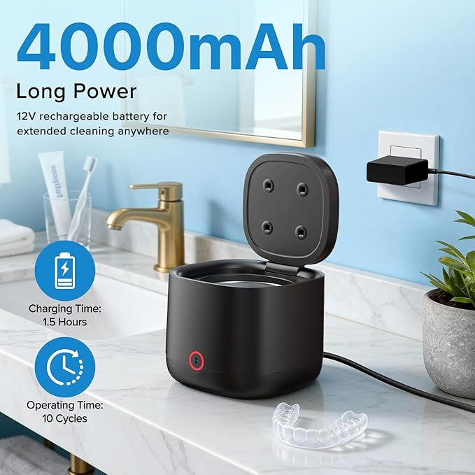 Ultrasonic Retainer Cleaner with UV-C, 45kHz Rechargeable Dental Cleaning Machine 4000mAh, 200ML for Denture, Mouth Guard, Night Guard, Aligner, 3 Modes & 6 Cleaning Tablets