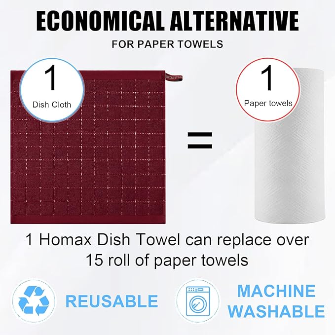 Homaxy 100% Cotton Terry Kitchen Dish Cloths, Ultra Soft and Absorbent Dish Towels for Kitchen, Suitable for Drying and Washing Dishes, 8 Pack, 12 x 12 Inches, Burgundy Red