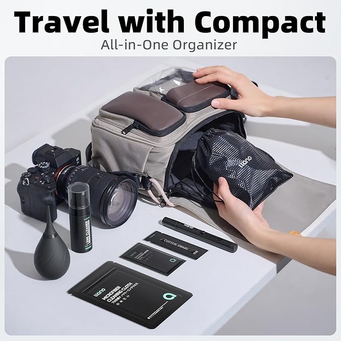 llano 7-in-1 Camera Lens Cleaning Kit with Cleaning Solution 60ml, Swab, Pen, Air Blower, Nano-Fiber Cloth, Wipes, Storage Bag, Multifunctional Cleaning Kit for Computer PC MacBook iPhone Camera