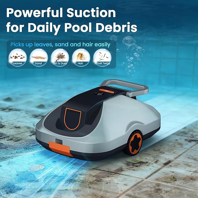 Robotic Pool Cleaner, Cordless Pool Vacuum for Above Ground & Inground Pools, 200mins Runtime Automatic Pool Vacuum Robot for Leaves & Dirt, Powerful Suction up to 2500 sq.ft, Self Parking