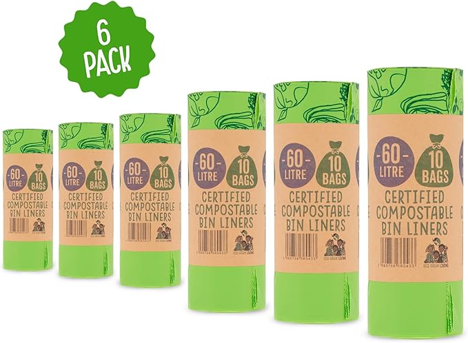 Eco Green Living 100% Compostable Biodegradable Bin Liners 60L Bin Bags For Food Waste, Kitchen Tall Bin Liners, Vegan, Strong, Leakproof, BPA Free, Recyclable, 6 Rolls, 60 Bags