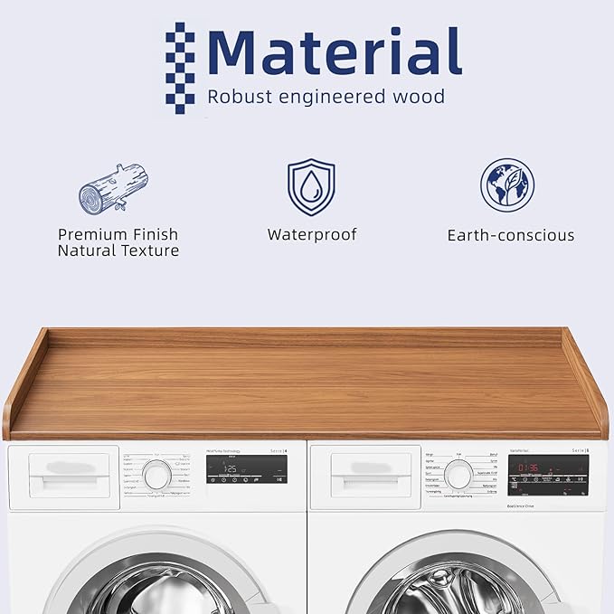 Memobarco Washer Dryer Countertop, 54" Width x 27.5" Depth Laundry Countertop Organization, Wooden Washer and Dryer Topper for Folding, Sorting & Ironing, Easy to Install, Walnut