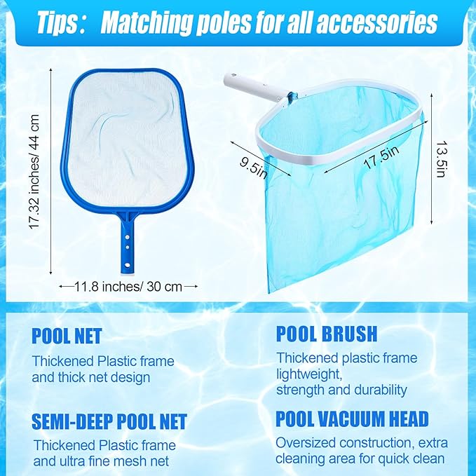 SiliFine 5 Pcs Swimming Pool Cleaning Kit 17.5'' Brush Head with 47'' Telescopic Aluminum Pole and Leaf Skimmer Net Vacuum Head Pumice Stone with Handle for Above Ground Pool Spa Hot Tub Maintenance