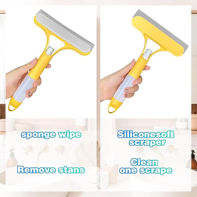 3-in-1 Spray Window Water Absorber Cleaner Scraper, Scraper with Spray Device, for Shower Glass, Mirrors, Cars, Household Window Cleaning Tools (Yellow, Blue, White)