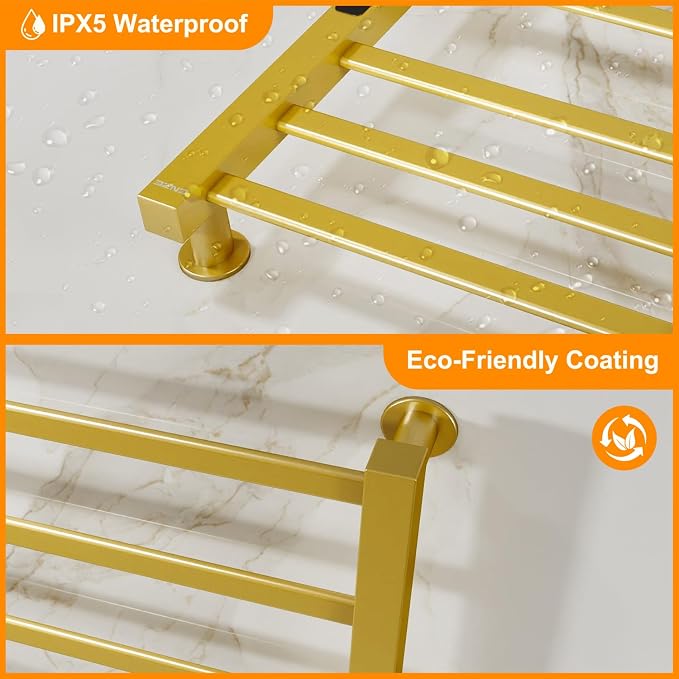 ENZE Smart Heated Towel Rack, 6-Bar Wall-Mounted Electric Towel Warmer 150W, Wi-Fi App Control & LED Touch Screen, Adjustable Temperature & 24H Timer, IPX5, Plug-in/Hardwired, Gold, Low Carbon Steel