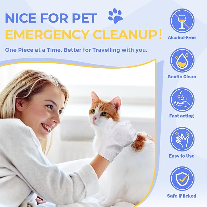 Pet Cleaning Glove Wipes for Dogs & Cats, Hypoallergenic Deodorizing Disposable Bathing Wipes,No-Rinse Grooming Wipes, Extra Thick,Perfect for Pet Dry Cleaning,Daily Care and Travel,24 pcs