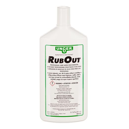 Unger Commercial RubOut Hard Water Stain Remover - 16 oz Professional Window and Glass Cleaner Solution - Removes Mineral Buildup, Rust, and Soap Scum for Clear Surfaces - RUB50