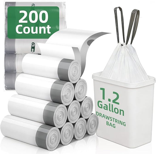 200 Counts 1.2 Gallon Trash Bag Drawstring Small Trash Bags, Thick Pre-separated Garbage Bags, Trash Bin Liners, Suitable for bathroom, kitchen, bedroom, office (White)