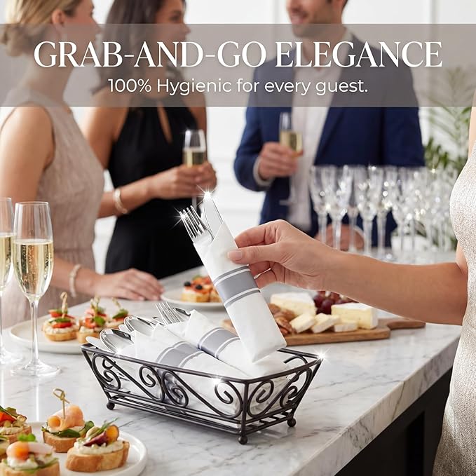 Liacere 100 Pack Silver Plastic Silverware-Pre Wrapped cutlery and Napkin-Pre Rolled Silverware Disposable 100 Forks, 100 Knives 100 Spoons, 100 Napkins Plastic Utensils＆Wedding