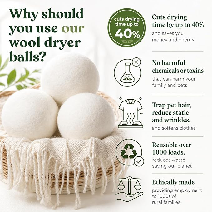 Wool Dryer Balls XL 8-Pack – Organic Wool Dryer Balls for Laundry Reusable, Natural Fabric Softener, Reduces Drying Time, Static, Wrinkles & Laundry Clumping