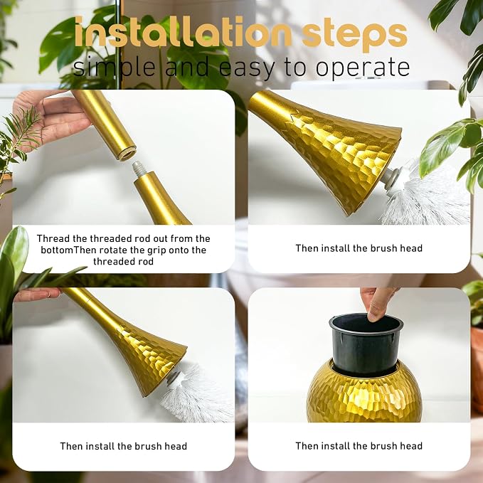 Hideaway Toilet Brush Set, Hammered Gold | Small Bathroom Space-Saver | Anti-Splash Shield & 360° Deep Clean | Housewarming Gift for Homeowners | Rust-Proof ABS Modern Bath Accessories