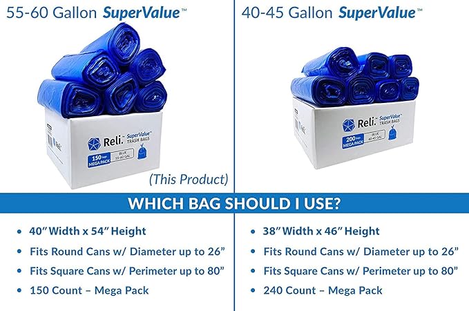 Reli. SuperValue 55-60 Gallon Recycling Bags | 150 Count | Blue Trash Bags | Made in the USA