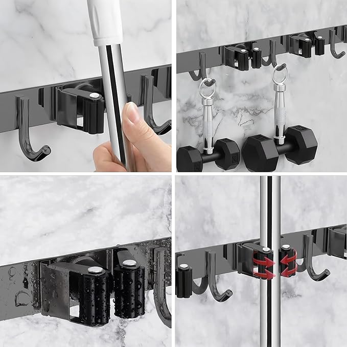 5 Racks and 4 Hooks Mop and Broom Holder Wall Mount, SUS304 Heavy Duty Broom Organizer Storage Tool Racks, Self Adhesive Solid Non-slip Tool Hangers for Home Kitchen Garden Laundry Garage