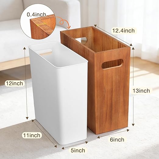 3 Gallon Wood Trash Can, Solid Wooden Trash Can with Plastic Liner, Handmade Slim Small Trash Can with Handle Fits Narrow Spaces, Decorative Wastebasket for Bathroom, Bedroom, Office, Kitchen