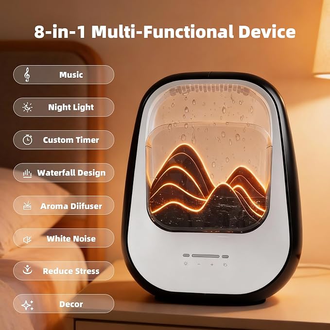 8-in-1 White Noise Sound Machine with Rain Drop Real Sound, Black | Sound Machine with Aroma Diffuser for Sleeping, Stress Relief, Night Light Timer for Bedroom Office Home Hotel SPA Decor