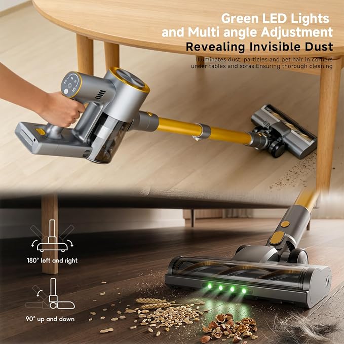 Cordless Stick Vacuum Cleaner - Rechargeable,40Kpa Powerful Suction Vacuum for Home,45Mins Runtime,Detachable Battery,Anti-Tangle, 8 in 1 Lightweight Vacuum for Pet Hair Carpet Hardwood,Yellow