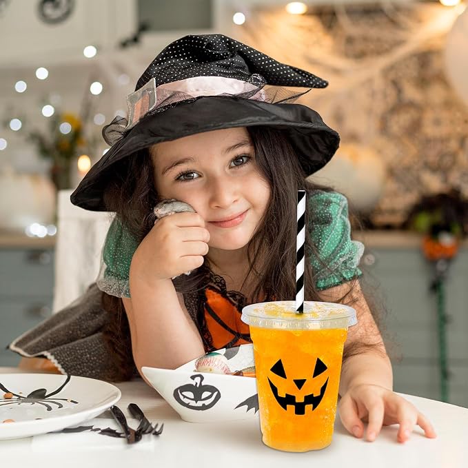 Whaline 60 Pcs Halloween Disposable Plastic Cups with Lids and Straws 12 oz Vampire Monster Ghost Pumpkin Cold Beverage Drinking Cups for Birthday Party Favors