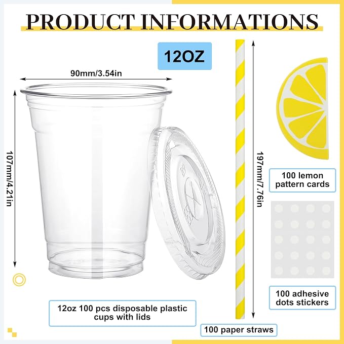 Gilprop 100 Sets Plastic Lemonade Cups with Lids and Straws Lemonade Stand Supplies 12 oz Disposable Lemon Cups Bulk with Stickers Lemonades Bar Supplies for Summer Beverage Drinking Party Favor