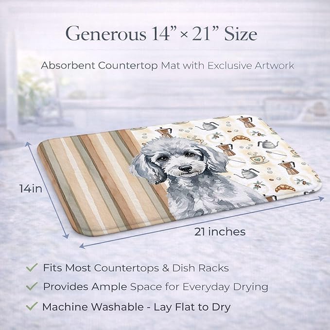 Caroline's Treasures Miniature Silver Poodle Coffee Bar Dish Drying Mat Absorbent Dish Drying Mat Pad for Kitchen Counter Dish Drainer Mat for Countertop, 14 x 21", Multicolor
