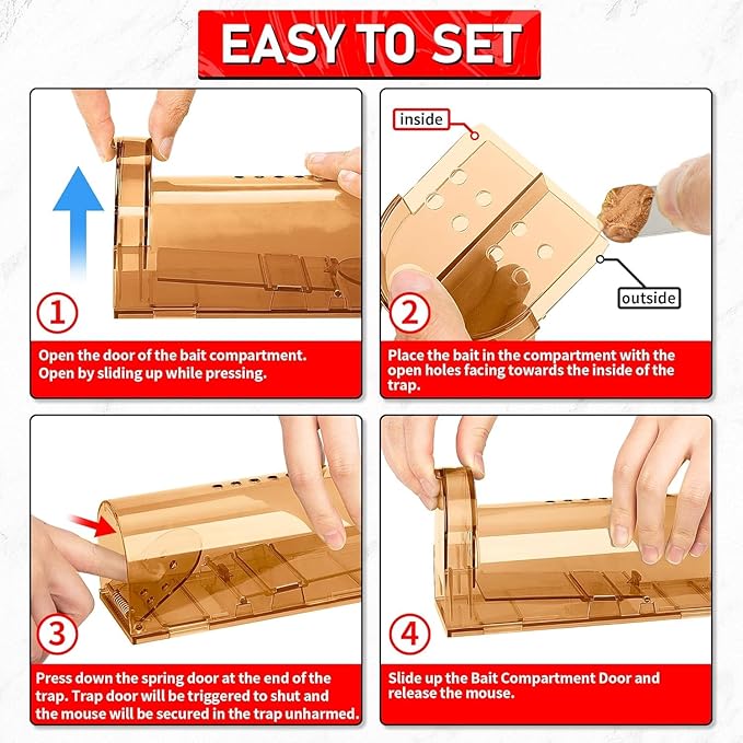 LULUCATCH Humane Mouse Traps 6 Pack, No Touch Catch and Release Live No Kill Rodent Traps, Reusable with Cleaning Brush, Pet Safe Indoor Outdoor Rodent Control for Mice, Rats, Chipmunks, Voles, Brown