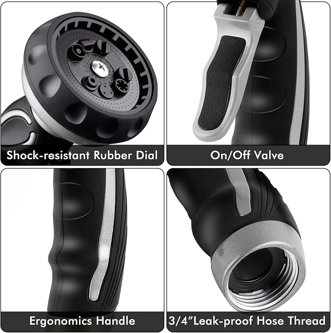 RESTMO Hose Nozzle with Easy Self-Lock Trigger, Heavy Duty Metal Water Hose Sprayer with 9 Spray Patterns and On/Off Valve, High Pressure | Thumb Flow Control, Ideal for Outdoor Lawn & Plant Watering