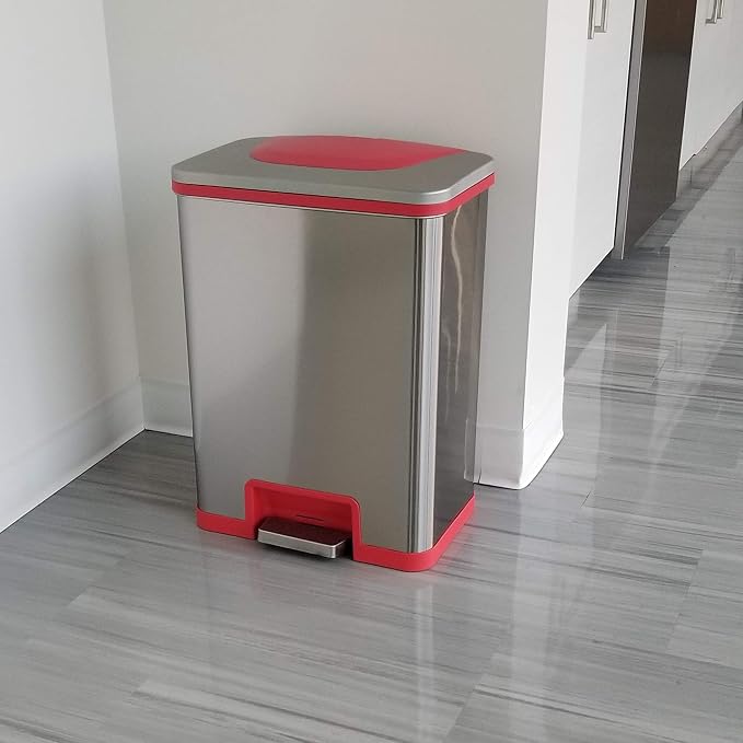 Halo TapCan 13 Gallon Effortless One-Tap Pedal Sensor Trash Can with Odor Filter and AC Adapter-Stainless Steel with Red Trim, Kitchen and Office Garbage Bin (TC13SRAC)