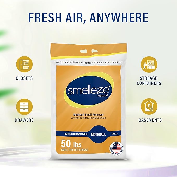 SMELLEZE Natural Mothball Smell Remover Deodorizer: 50 lb. Granules Gets Mothball Fumes & Odor Out